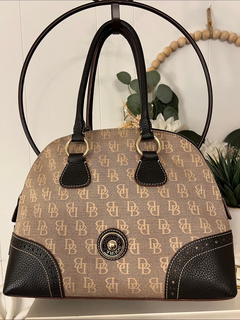 Dooney & Bourke Tan & Dark Brown Monogram Dome Satchel